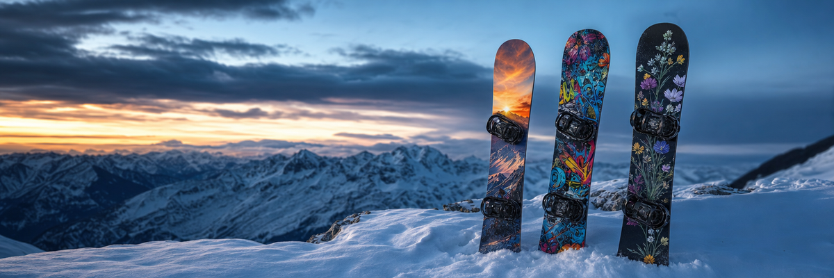 RIDE YOUR STYLE Snowboard Folien – folierte Snowboards in alpiner Winterlandschaft