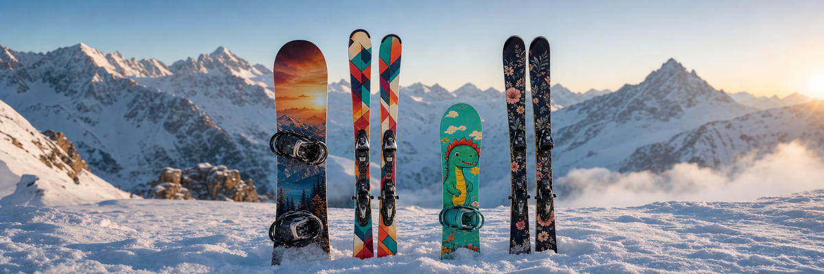 RIDEYOURSTYLE – alle folierten Ski und Snowboards in Winterlandschaft